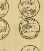 An illustration from The medallic history of imperial Rome : from the first triumvirate, under Pompey, Crassus, and Cæsar, to the removal of the imperial seat, by Constantine the Great ; with the several medals and coins, accurately copied and curiously engraven ; to which is prefixed, an introduction containing a general history of Roman medals ; in two volumes (1781)