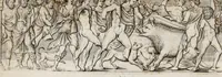 An illustration from Meleagrides et Aetolia, ex numismate Kyrieōn apud Goltzium : interspersis marmoribus quibusdam de Meleagri interitu & apri Calydonii venatione (1696)