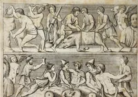 An illustration from Meleagrides et Aetolia, ex numismate Kyrieōn apud Goltzium : interspersis marmoribus quibusdam de Meleagri interitu & apri Calydonii venatione (1696)