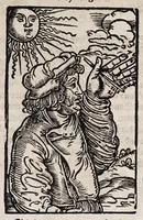 An illustration from M. Elucidarius Von allerhand Geschöpffen Gottes, den Engeln, den Himmeln, Gestirn, Planeten, vnd wie alle Creaturen geschaffen seind auff Erden : auch wie die Erdt in drey Theyl getheylet, vnnd dero Länder, sampt der Völcker darinn, Eigenschafften, vnd wunderbarlichen Thieren, auss Plinio Secundo, Solino, und andern Weltbeschreibern, ein kurtze vnd lustige Anzeigung : mit angehencktem Bauren Compassz, vor die jhenigen gestellt, so sich auff den Compassz nicht verstehen, oder denselben nicht allzeit bey sich haben, die Stundt dess Tages in der Handt durch den Strohalmen zu lehrnen (1584)