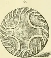 An illustration from Memorandum on clay discs called "Spindle Whorls" and Votive Seals found at Sankisa, Behar, and other Buddhist ruins in the North Western provinces of India (1880)
