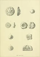 An illustration from Memorandum on clay discs called "Spindle Whorls" and Votive Seals found at Sankisa, Behar, and other Buddhist ruins in the North Western provinces of India (1880)