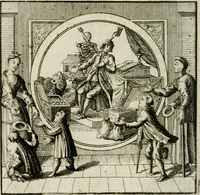 An illustration from Mercurialis, of, Winter-groen : dat is, Aangename en vermaakelyke geschiedenissen en gedichten, waarin verscheide zedelyke leerstukken. En een zeer ryke voorraad van Bybelsche concepten gevonden worden, voor alle bedroefde en vrolyke gemoederen, leeraars, predikers, en geestelyke persoonen; als mede voor alle byzondere leezers tot een voordeelig tydverdryf, namelyk, om vrolyk te leven en blymoedig te sterven (1763)
