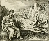 An illustration from Michaelis Majeri ... Secretioris naturae secretorum scrutinium chymicum : per oculis et intellectui accuratè accommodata, figuris cupro appositissimè incisa, ingeniosissima emblemata, hisque confines, & ad rem egregiè facientes sententias, doctissimaque item epigrammata, illustratum .. (1687)
