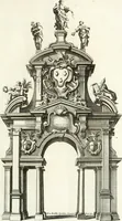 An illustration from Milano sempre grande : nel procurare la promozione de' suoi figli alla dignità di padre e di pastore, nell' ergere pomposo apparato a riceverli, nel mantenere vn filiale ossequio dopo riceuuti : circonstanze descritte nell' elezione, e nel solenne ingresso fatto in Milano dall' eminentissimo signor cardinale Federico Caccia suo arciuescouo, il giorno 11. di decembre 1696 (1697)