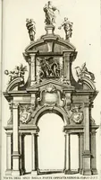 An illustration from Milano sempre grande : nel procurare la promozione de' suoi figli alla dignità di padre e di pastore, nell' ergere pomposo apparato a riceverli, nel mantenere vn filiale ossequio dopo riceuuti : circonstanze descritte nell' elezione, e nel solenne ingresso fatto in Milano dall' eminentissimo signor cardinale Federico Caccia suo arciuescouo, il giorno 11. di decembre 1696 (1697)