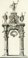 An illustration from Milano sempre grande : nel procurare la promozione de' suoi figli alla dignità di padre e di pastore, nell' ergere pomposo apparato a riceverli, nel mantenere vn filiale ossequio dopo riceuuti : circonstanze descritte nell' elezione, e nel solenne ingresso fatto in Milano dall' eminentissimo signor cardinale Federico Caccia suo arciuescouo, il giorno 11. di decembre 1696 (1697)