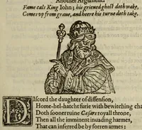 An illustration from A mirour for magistrates : being a true chronicle historie of the vntimely falles of such vnfortunate princes and men of note as haue happened since the first entrance of Brute into this iland, vntill this our latter age (1610)