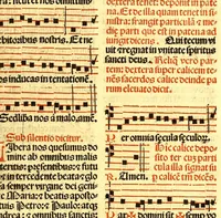 An illustration from Missale romanum ordinarium. : Misale romanum nuper adoptatum co[m]modu[m] quoru[m]cu[m]q[ue] sacerdotu[m] summa diligentia distinctu[m]: atq[ue] ita ex nouo ordine digestu[m] vt apposit[is] introitib[us], gradualib[us], offertorijs [et] co[m]munionibus o[mn]es miss[a]e sint in suis loc[is] integre. In quo etia[m] adiunct[a]e sunt mult[a]e miss[a]e uou[a]e [sic], [et] alia plurima sup[er]addita, q[uae] in missalib[us] hacten[us] i[m]p[re]ssis d[e]sideraba[n]tur. 1561 (1561)