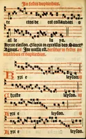 An illustration from Misse familiares cum suis ca[n]tibu[us] angelicis nuperrime ad vngue[m] recognite : nam pleraq[ue] in vetustiorib[us] exe[m]plarib[us] truncata, in hac nouissima recognitione reintegrata sunt sicuti precipue in intonationibus Psalmorum videre est. Misse sole[n]niores toti[us] anni, nuperrime ad vngue[m] recognite. Communes prose totius anni nouissime emendate (1526)