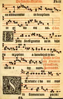 An illustration from Misse familiares cum suis ca[n]tibu[us] angelicis nuperrime ad vngue[m] recognite : nam pleraq[ue] in vetustiorib[us] exe[m]plarib[us] truncata, in hac nouissima recognitione reintegrata sunt sicuti precipue in intonationibus Psalmorum videre est. Misse sole[n]niores toti[us] anni, nuperrime ad vngue[m] recognite. Communes prose totius anni nouissime emendate (1526)