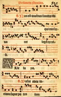 An illustration from Misse familiares cum suis ca[n]tibu[us] angelicis nuperrime ad vngue[m] recognite : nam pleraq[ue] in vetustiorib[us] exe[m]plarib[us] truncata, in hac nouissima recognitione reintegrata sunt sicuti precipue in intonationibus Psalmorum videre est. Misse sole[n]niores toti[us] anni, nuperrime ad vngue[m] recognite. Communes prose totius anni nouissime emendate (1526)