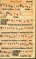 An illustration from Misse familiares cum suis ca[n]tibu[us] angelicis nuperrime ad vngue[m] recognite : nam pleraq[ue] in vetustiorib[us] exe[m]plarib[us] truncata, in hac nouissima recognitione reintegrata sunt sicuti precipue in intonationibus Psalmorum videre est. Misse sole[n]niores toti[us] anni, nuperrime ad vngue[m] recognite. Communes prose totius anni nouissime emendate (1526)