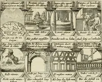 An illustration from M. Laurentii Wolfgangi Woyttens Emblematischer Parnassus : worauf die Musen, ihre Blumen-Lese, zu allerhand Freuden und Trauer-Kräntzen halten : um, den Lob-werthen Tugend-Chor, durch angenehme Rosen : hergegen, das ungezähmte Laster-Thun, mit wildem Dorn- und Distel-Flor, zu krönen : nach specialem Verlangen, in einem Gefilde, von funffzehen Hundert in dreyen verschiedlichen Theilen verfassten .. (1727)