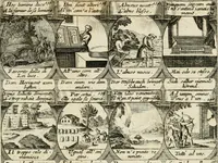 An illustration from M. Laurentii Wolfgangi Woyttens Emblematischer Parnassus : worauf die Musen, ihre Blumen-Lese, zu allerhand Freuden und Trauer-Kräntzen halten : um, den Lob-werthen Tugend-Chor, durch angenehme Rosen : hergegen, das ungezähmte Laster-Thun, mit wildem Dorn- und Distel-Flor, zu krönen : nach specialem Verlangen, in einem Gefilde, von funffzehen Hundert in dreyen verschiedlichen Theilen verfassten .. (1727)
