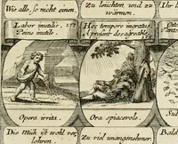 An illustration from M. Laurentii Wolfgangi Woyttens Emblematischer Parnassus : worauf die Musen, ihre Blumen-Lese, zu allerhand Freuden und Trauer-Kräntzen halten : um, den Lob-werthen Tugend-Chor, durch angenehme Rosen : hergegen, das ungezähmte Laster-Thun, mit wildem Dorn- und Distel-Flor, zu krönen : nach specialem Verlangen, in einem Gefilde, von funffzehen Hundert in dreyen verschiedlichen Theilen verfassten .. (1727)