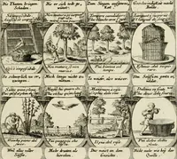 Picture 146 of 181 from M. Laurentii Wolfgangi Woyttens Emblematischer Parnassus : worauf die Musen, ihre Blumen-Lese, zu allerhand Freuden und Trauer-Kräntzen halten : um, den Lob-werthen Tugend-Chor, durch angenehme Rosen : hergegen, das ungezähmte Laster-Thun, mit wildem Dorn- und Distel-Flor, zu krönen : nach specialem Verlangen, in einem Gefilde, von funffzehen Hundert in dreyen verschiedlichen Theilen verfassten .. (1727), leaf 218