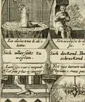 An illustration from M. Laurentii Wolfgangi Woyttens Emblematischer Parnassus : worauf die Musen, ihre Blumen-Lese, zu allerhand Freuden und Trauer-Kräntzen halten : um, den Lob-werthen Tugend-Chor, durch angenehme Rosen : hergegen, das ungezähmte Laster-Thun, mit wildem Dorn- und Distel-Flor, zu krönen : nach specialem Verlangen, in einem Gefilde, von funffzehen Hundert in dreyen verschiedlichen Theilen verfassten .. (1727)