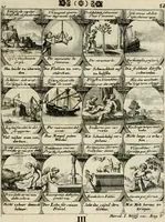 An illustration from M. Laurentii Wolfgangi Woyttens Emblematischer Parnassus : worauf die Musen, ihre Blumen-Lese, zu allerhand Freuden und Trauer-Kräntzen halten : um, den Lob-werthen Tugend-Chor, durch angenehme Rosen : hergegen, das ungezähmte Laster-Thun, mit wildem Dorn- und Distel-Flor, zu krönen : nach specialem Verlangen, in einem Gefilde, von funffzehen Hundert in dreyen verschiedlichen Theilen verfassten .. (1727)