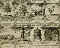 Picture 18 of 42 from M. Laurentii Wolfgangi Woyttens Emblematischer Parnassus : worauf die Musen, ihre Blumen-lese zu allerhand Freuden und Trauer-kränken halten. Um den Lob-werthen Tugend-chor durch angenehme rosen hergegen das ungezähmte Laster-thun mit wildem Dorn- und Distel-flor zu krönen (1727), leaf 42