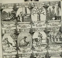 An illustration from M. Laurentii Wolfgangi Woyttens Emblematischer Parnassus : worauf die Musen, ihre Blumen-lese zu allerhand Freuden und Trauer-kränken halten. Um den Lob-werthen Tugend-chor durch angenehme rosen hergegen das ungezähmte Laster-thun mit wildem Dorn- und Distel-flor zu krönen (1727)