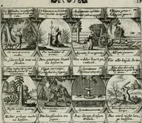 An illustration from M. Laurentii Wolfgangi Woyttens Emblematischer Parnassus : worauf die Musen, ihre Blumen-lese zu allerhand Freuden und Trauer-kränken halten. Um den Lob-werthen Tugend-chor durch angenehme rosen hergegen das ungezähmte Laster-thun mit wildem Dorn- und Distel-flor zu krönen (1727)