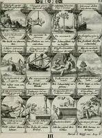 Picture 134 of 156 from M. Laurentii Wolfgangi Woyttens Emblematischer Parnassus : worauf die Musen, ihre Blumen-lese zu allerhand Freuden und Trauer-kränken halten. Um den Lob-werthen Tugend-chor durch angenehme rosen hergegen das ungezähmte Laster-thun mit wildem Dorn- und Distel-flor zu krönen (1727), leaf 234
