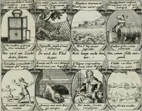 An illustration from M. Laurentii Wolfgangi Woyttens Emblematischer Parnassus : worauf die Musen, ihre Blumen-lese zu allerhand Freuden und Trauer-kränken halten. Um den Lob-werthen Tugend-chor durch angenehme rosen hergegen das ungezähmte Laster-thun mit wildem Dorn- und Distel-flor zu krönen (1727)