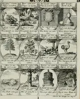 Picture 21 of 156 from M. Laurentii Wolfgangi Woyttens Emblematischer Parnassus : worauf die Musen, ihre Blumen-lese zu allerhand Freuden und Trauer-kränken halten. Um den Lob-werthen Tugend-chor durch angenehme rosen hergegen das ungezähmte Laster-thun mit wildem Dorn- und Distel-flor zu krönen (1727), leaf 46