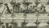 Picture 28 of 156 from M. Laurentii Wolfgangi Woyttens Emblematischer Parnassus : worauf die Musen, ihre Blumen-lese zu allerhand Freuden und Trauer-kränken halten. Um den Lob-werthen Tugend-chor durch angenehme rosen hergegen das ungezähmte Laster-thun mit wildem Dorn- und Distel-flor zu krönen (1727), leaf 60
