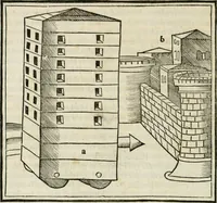 An illustration from M.L. Vitrvuio Pollione Di architettura : dal vero esemplare latino nella volgar lingua tradotto, e con le figure a suoi luoghi con mirãdo ordine insignito : anchora con la tauola alfabetica, nella quale facilmente si potra trouare la moltitudine de vocaboli a suoi luoghi cõ gran diligenza esposti e dichiarati : mai piu da alcuno altro fin al presente stampato a grande vtilita di ciascuno studioso (1535)