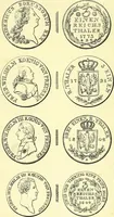 An illustration from Münz-Cabinet. : le cabinet des monnaies du voyageur et du négociant, ou représentation des monnaies courantes des différens pays... recueillies et publiées par Engelmann père et fils... The Traveller's and merchant's cabinet of moneys.. (1835)