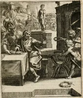 An illustration from Moralia Horatiana, das ist, Die Horatzische sitten-lehre : aus der ernst-sittigen geselschaft der alten weise-meister gezogen, und mit 113 [i.e. 103] in kupfer gestochenen sinn-bildern, und eben so viel erklärungen und andern anmärkungen vorgestellet (1656)
