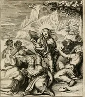 An illustration from Moralia Horatiana, das ist, Die Horatzische sitten-lehre : aus der ernst-sittigen geselschaft der alten weise-meister gezogen, und mit 113 [i.e. 103] in kupfer gestochenen sinn-bildern, und eben so viel erklärungen und andern anmärkungen vorgestellet (1656)