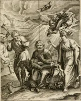 An illustration from Moralia Horatiana, das ist, Die Horatzische sitten-lehre : aus der ernst-sittigen geselschaft der alten weise-meister gezogen, und mit 113 [i.e. 103] in kupfer gestochenen sinn-bildern, und eben so viel erklärungen und andern anmärkungen vorgestellet (1656)