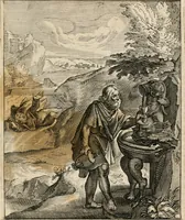 Picture 33 of 108 from Moralia Horatiana, das ist, Die Horatzische sitten-lehre : aus der ernst-sittigen geselschaft der alten weise-meister gezogen, und mit 113 [i.e. 103] in kupfer gestochenen sinn-bildern, und eben so viel erklärungen und andern anmärkungen vorgestellet (1656), leaf 72