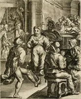 Picture 39 of 108 from Moralia Horatiana, das ist, Die Horatzische sitten-lehre : aus der ernst-sittigen geselschaft der alten weise-meister gezogen, und mit 113 [i.e. 103] in kupfer gestochenen sinn-bildern, und eben so viel erklärungen und andern anmärkungen vorgestellet (1656), leaf 84