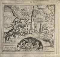 An illustration from The most auntient historie of God and man, or, A collection of Gods proceedings with man in generall, from the first, to the last : but more especially of the devinity, and humanitie of our blessed sauiour Iesus Christ, his loue to his spouse, and his hate to his, and her enimies, together wth Satans plottes against her in all ages, in form of a poem (1629)