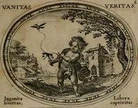 An illustration from Mundi lapis lydius, siue, Emblemata moralia nobilissimi viri D. Antonii A. Burgundia quondam Archidiaconi Brugensis : in quibus vanitas per veritatem falsi accusatur & conuincitur (1665)