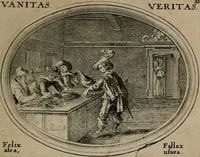 An illustration from Mundi lapis lydius, siue, Emblemata moralia nobilissimi viri D. Antonii A. Burgundia quondam Archidiaconi Brugensis : in quibus vanitas per veritatem falsi accusatur & conuincitur (1665)
