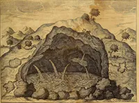 An illustration from Mundus subterraneus, in XII libros digestus : qvo divinum subterrestris mundi opificium, mira ergasteriorum naturae in eo distributio, verbo [pantamorphon] Protei regnum, universae denique naturae majestas & divitiae summa rerum varietate exponuntur, abditorum effectuum causae acri indagine inquistae demonstrantur, cognitae per artis & naturae conjugium ad humanae vitae necessarium usum vario experimentorum apparata, necnon novo modo & ratione applicantur. Ad Alexandrum VII. pont. opt. max. (1678)