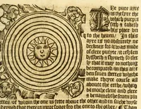 Picture 31 of 37 from The myrrour & dyscrypcyon of the worlde : with many meruaylles & the vii scyences as gramayre, rethorike wyth the arte of memorye, logyke, geometrye, wyth the standarde of mesure & weyght, and the knowlege how a man sholde mesure londe, borde, & tymber, and than arsmetryke wyth the maner of accou[n]tes and rekenynges by cyfres, and than musyke, and astrnomye, with many other profytable and plesant co[m]modytes (1527), leaf 135