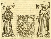 An illustration from The myrrour & dyscrypcyon of the worlde : with many meruaylles & the vii scyences as gramayre, rethorike wyth the arte of memorye, logyke, geometrye, wyth the standarde of mesure & weyght, and the knowlege how a man sholde mesure londe, borde, & tymber, and than arsmetryke wyth the maner of accou[n]tes and rekenynges by cyfres, and than musyke, and astrnomye, with many other profytable and plesant co[m]modytes (1527)