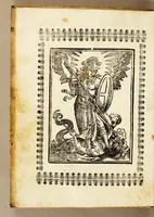An illustration from Narracion de la maravillosa aparicion, que hizo el arcangel S. Miguela Diego Lazaro de S. Francisco, : indio feligres del pueblo de S. Bernardo, de la jurisdicion de Santa Maria Nativitas. Fundacion del Santuario, que llaman S. Miguel del Milagro; de la fuente milagrosa, que debaxo de vna peña mostrò el principe de los angeles; de los milagros, que ha hecho el agua bendita, y el barro amasado de dicha fuente en los que con fè, y devocion han usado de ellos para remedio de sus males. (1692)