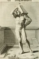 An illustration from Natuurlyk en schilderkonstig ontwerp der menschkunde : leerende niet alleen de kennis van de gestalte, proportie, schoonheyd, muskelen, bewegingen, actien, passien, en welstand der menschbeelden : tot de teykenkunde, schilderkunde, beeldhouwery, bootseer en giet-oeffening toepassen : maar ook hoe sich een mensch na deselve regelen, in allerhande doeningh van gaan, staan, loopen, torssen, dragen, arbeyden, spreken en andere gebeerden : bevallig en verstandilijk aastellen zal (1683)