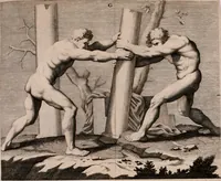 An illustration from Natuurlyk en schilderkonstig ontwerp der menschkunde : leerende niet alleen de kennis van de gestalte, proportie, schoonheyd, muskelen, bewegingen, actien, passien, en welstand der menschbeelden : tot de teykenkunde, schilderkunde, beeldhouwery, bootseer en giet-oeffening toepassen : maar ook hoe sich een mensch na deselve regelen, in allerhande doeningh van gaan, staan, loopen, torssen, dragen, arbeyden, spreken en andere gebeerden : bevallig en verstandilijk aastellen zal (1683)