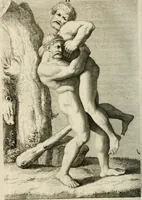 An illustration from Natuurlyk en schilderkonstig ontwerp der menschkunde : leerende niet alleen de kennis van de gestalte, proportie, schoonheyd, muskelen, bewegingen, actien, passien, en welstand der menschbeelden : tot de teykenkunde, schilderkunde, beeldhouwery, bootseer en giet-oeffening toepassen : maar ook hoe sich een mensch na deselve regelen, in allerhande doeningh van gaan, staan, loopen, torssen, dragen, arbeyden, spreken en andere gebeerden : bevallig en verstandilijk aastellen zal (1683)