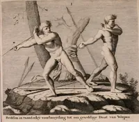 An illustration from Natuurlyk en schilderkonstig ontwerp der menschkunde : leerende niet alleen de kennis van de gestalte, proportie, schoonheyd, muskelen, bewegingen, actien, passien, en welstand der menschbeelden : tot de teykenkunde, schilderkunde, beeldhouwery, bootseer en giet-oeffening toepassen : maar ook hoe sich een mensch na deselve regelen, in allerhande doeningh van gaan, staan, loopen, torssen, dragen, arbeyden, spreken en andere gebeerden : bevallig en verstandilijk aastellen zal (1683)