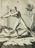 An illustration from Natuurlyk en schilderkonstig ontwerp der menschkunde : leerende niet alleen de kennis van de gestalte, proportie, schoonheyd, muskelen, bewegingen, actien, passien, en welstand der menschbeelden : tot de teykenkunde, schilderkunde, beeldhouwery, bootseer en giet-oeffening toepassen : maar ook hoe sich een mensch na deselve regelen, in allerhande doeningh van gaan, staan, loopen, torssen, dragen, arbeyden, spreken en andere gebeerden : bevallig en verstandilijk aastellen zal (1683)