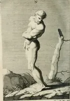 An illustration from Natuurlyk en schilderkonstig ontwerp der menschkunde : leerende niet alleen de kennis van de gestalte, proportie, schoonheyd, muskelen, bewegingen, actien, passien, en welstand der menschbeelden : tot de teykenkunde, schilderkunde, beeldhouwery, bootseer en giet-oeffening toepassen : maar ook hoe sich een mensch na deselve regelen, in allerhande doeningh van gaan, staan, loopen, torssen, dragen, arbeyden, spreken en andere gebeerden : bevallig en verstandilijk aastellen zal (1683)